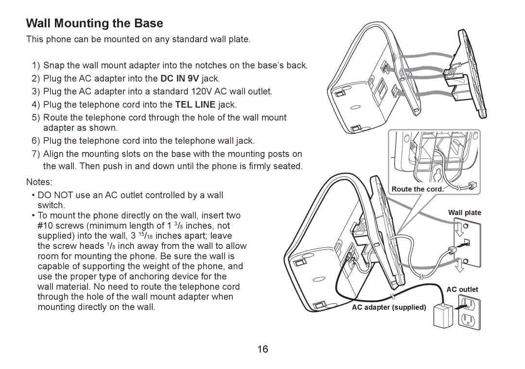 Uniden DECT2060 manual Wall Mounting the Base 