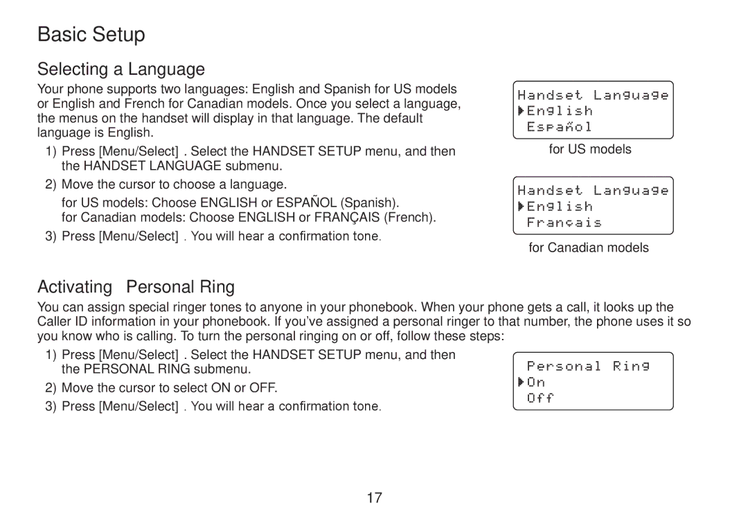 Uniden DECT2060 manual Basic Setup, Selecting a Language, Activating Personal Ring, For US models, For Canadian models 