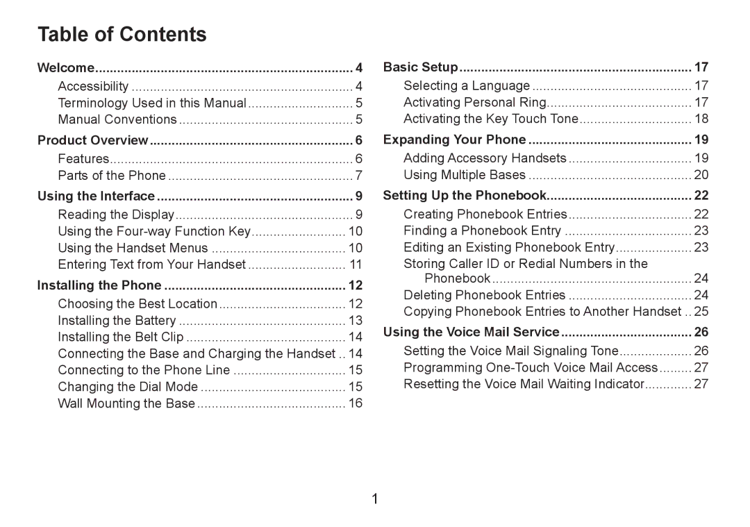 Uniden DECT2060 manual Table of Contents 