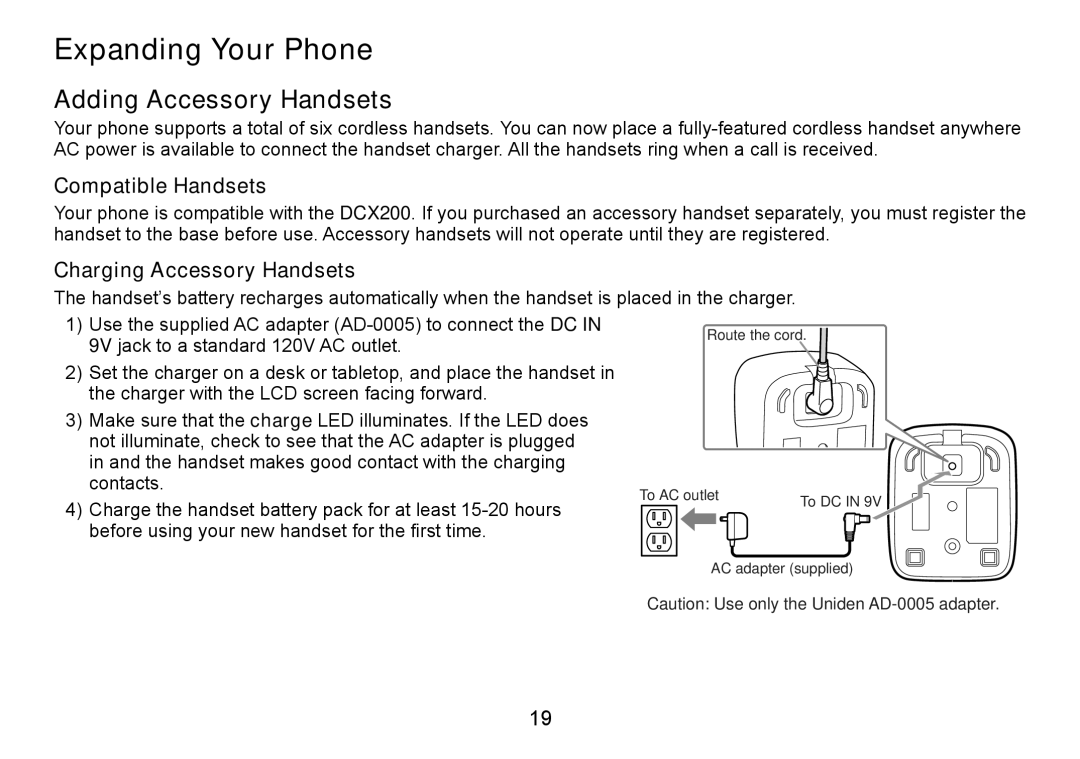 Uniden DECT2060 manual Expanding Your Phone, Adding Accessory Handsets, Compatible Handsets, Charging Accessory Handsets 