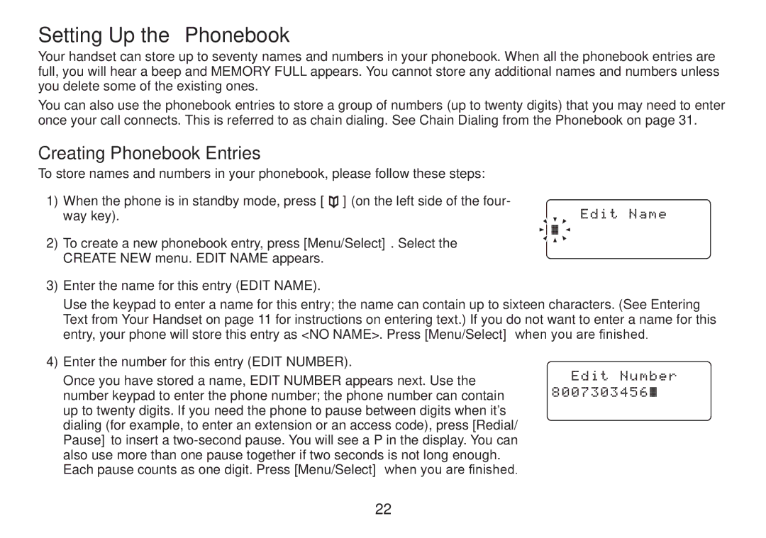 Uniden DECT2060 manual Setting Up the Phonebook, Creating Phonebook Entries, Enter the name for this entry Edit Name 