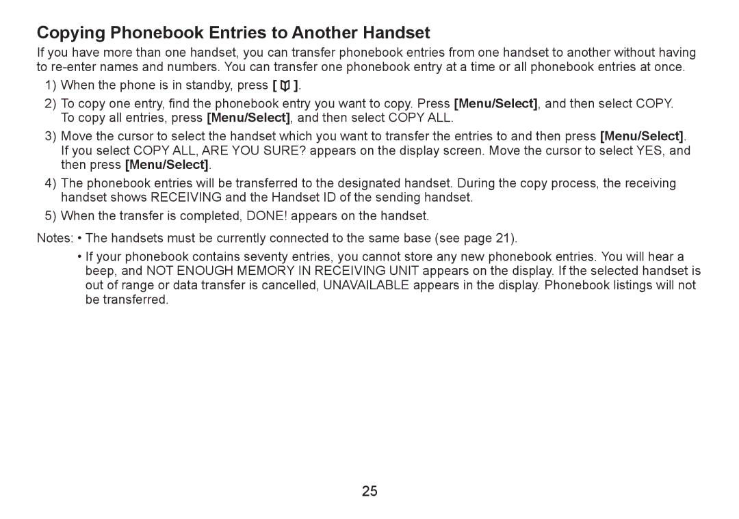 Uniden DECT2060 manual Copying Phonebook Entries to Another Handset 