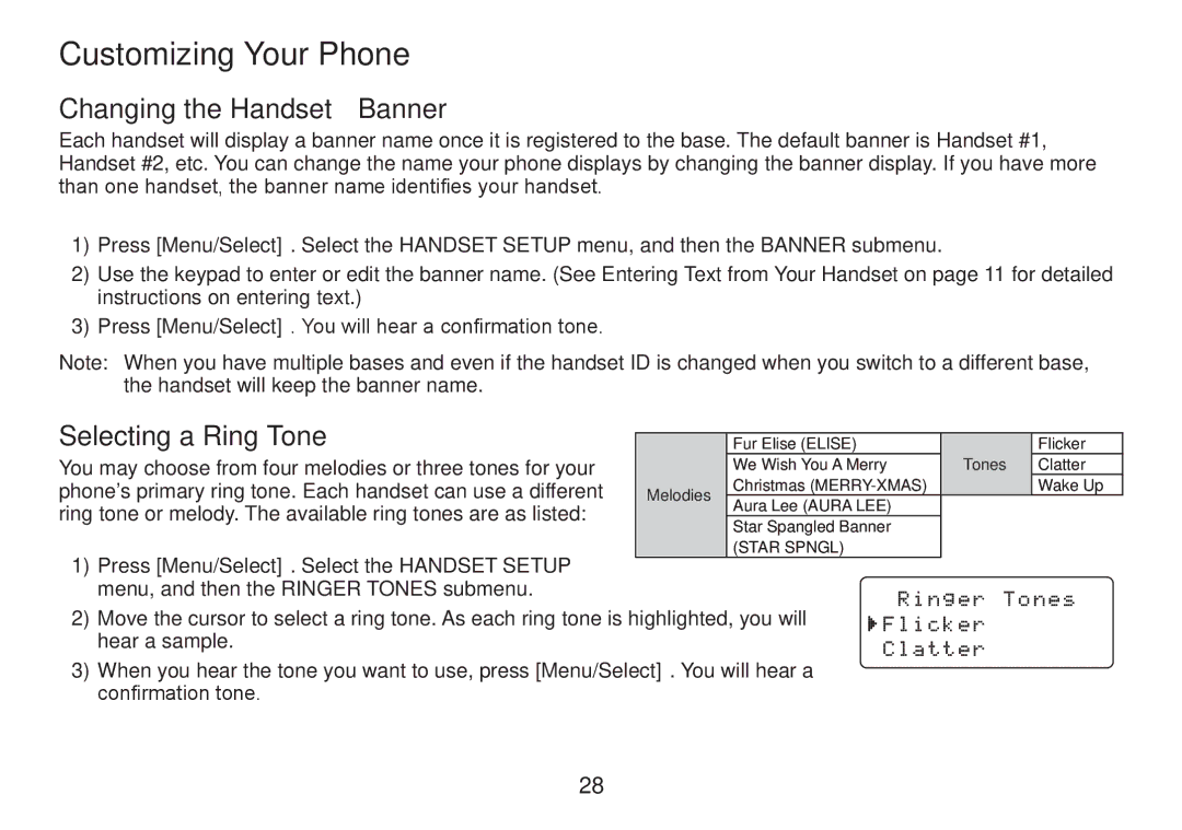 Uniden DECT2060 manual Customizing Your Phone, Changing the Handset Banner, Selecting a Ring Tone 