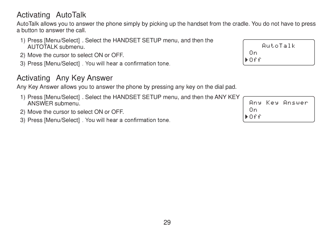 Uniden DECT2060 manual Activating AutoTalk, Activating Any Key Answer 