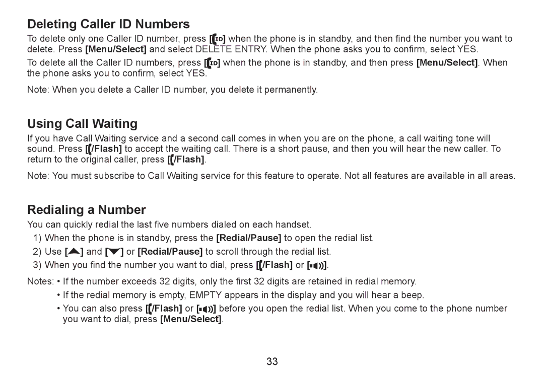 Uniden DECT2060 manual Deleting Caller ID Numbers, Using Call Waiting, Redialing a Number 