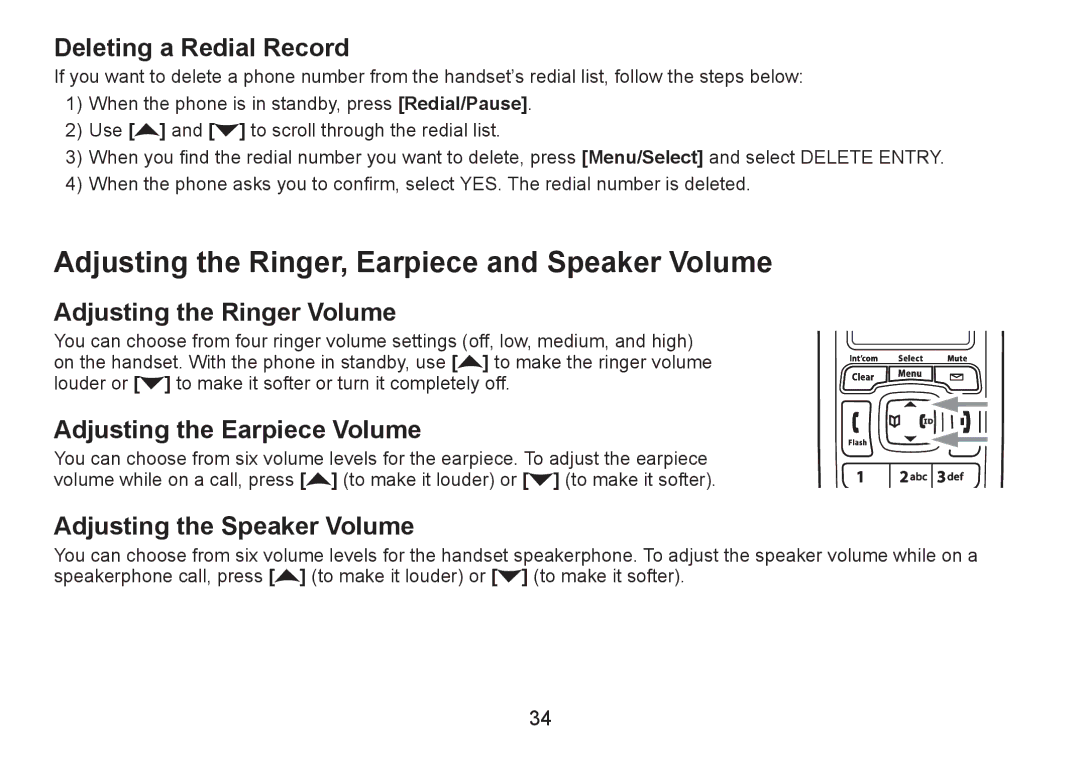 Uniden DECT2060 Adjusting the Ringer, Earpiece and Speaker Volume, Deleting a Redial Record, Adjusting the Ringer Volume 