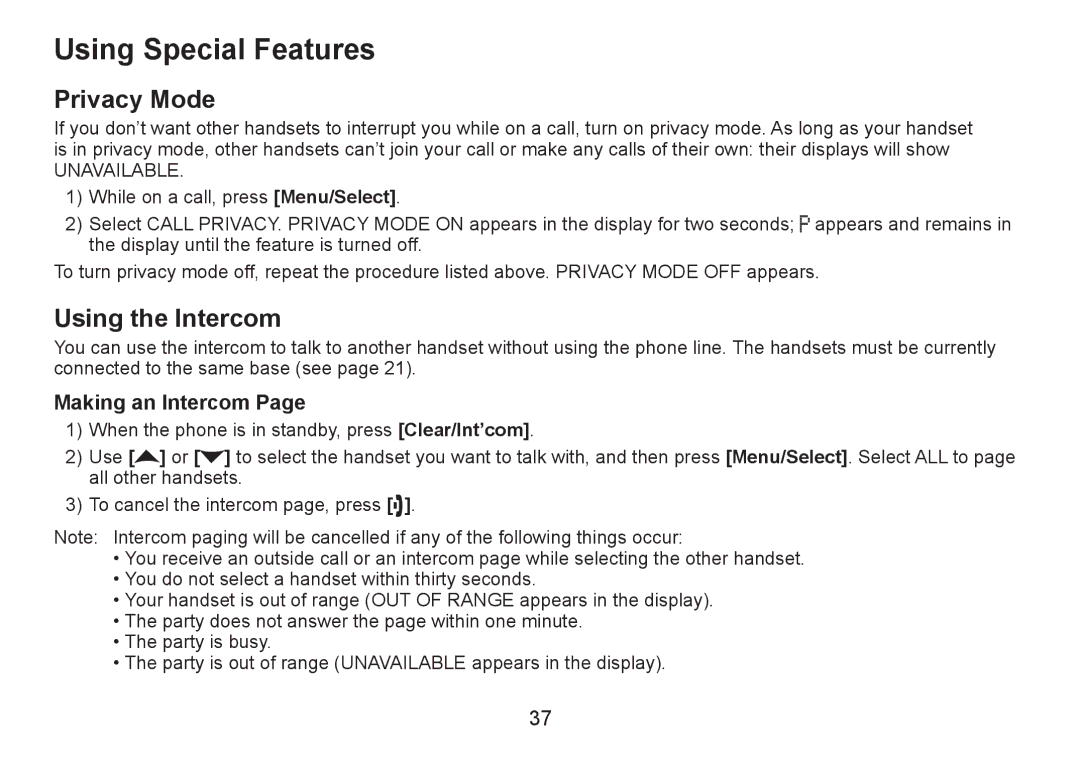 Uniden DECT2060 manual Using Special Features, Privacy Mode, Using the Intercom, Making an Intercom 