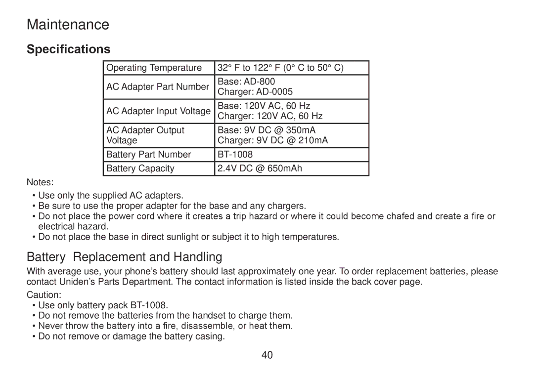 Uniden DECT2060 manual Maintenance, Specifications, Battery Replacement and Handling 