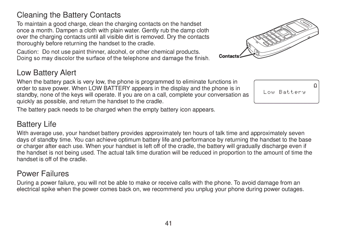 Uniden DECT2060 manual Cleaning the Battery Contacts, Low Battery Alert, Battery Life, Power Failures 