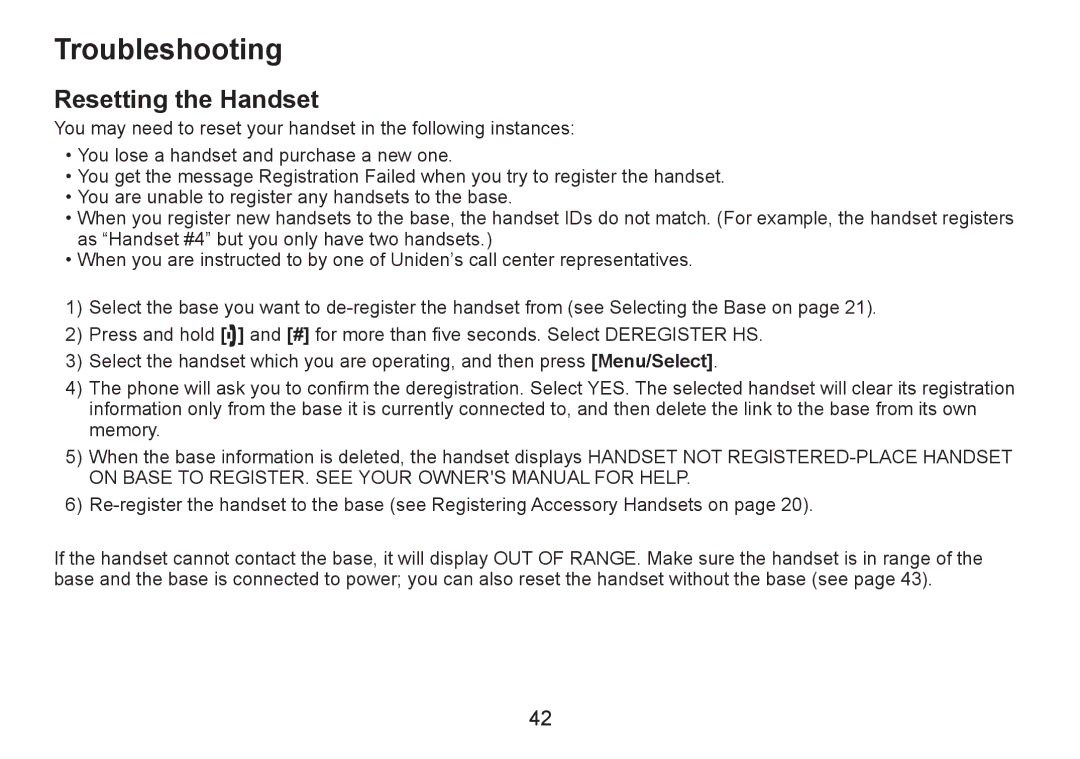 Uniden DECT2060 manual Troubleshooting, Resetting the Handset 