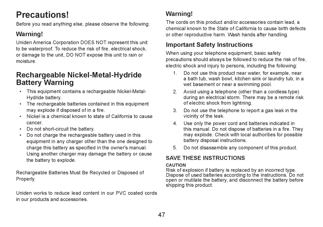 Uniden DECT2060 manual Precautions, Rechargeable Nickel-Metal-Hydride Battery Warning, Important Safety Instructions 