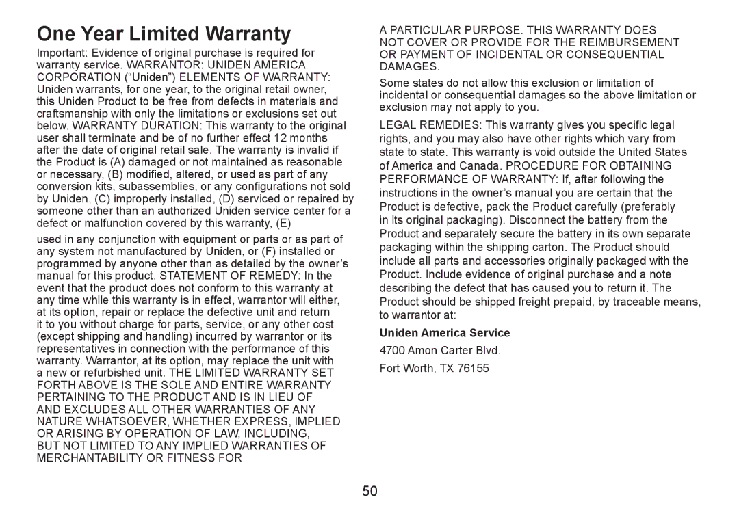 Uniden DECT2060 manual One Year Limited Warranty, Important Evidence of original purchase is required for 