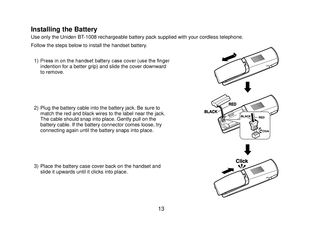 Uniden DECT2080 manual Installing the Battery 