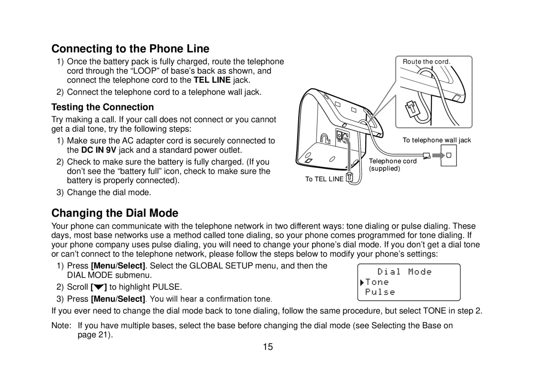 Uniden DECT2080 manual Connecting to the Phone Line, Changing the Dial Mode, Testing the Connection 