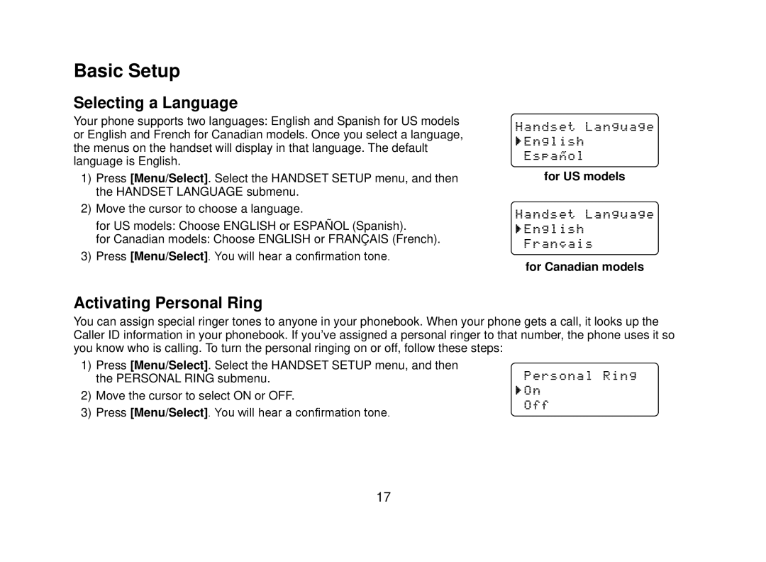 Uniden DECT2080 manual Basic Setup, Selecting a Language, Activating Personal Ring, For US models, For Canadian models 