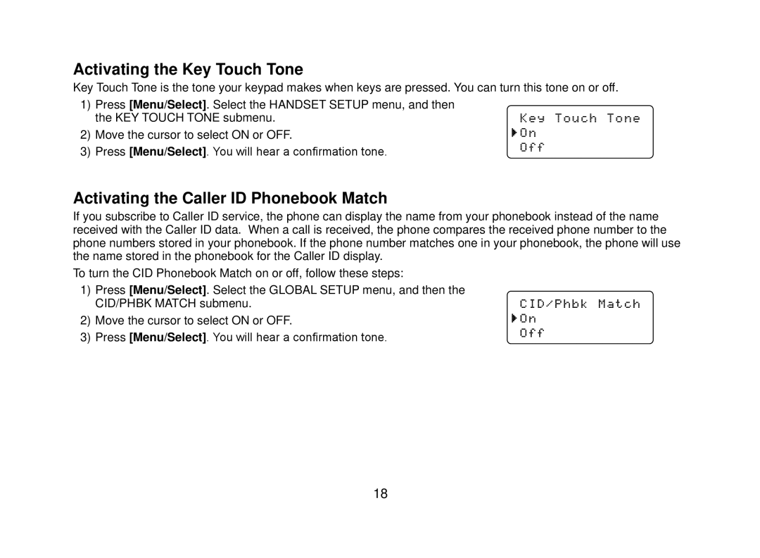 Uniden DECT2080 manual Activating the Key Touch Tone, Activating the Caller ID Phonebook Match 