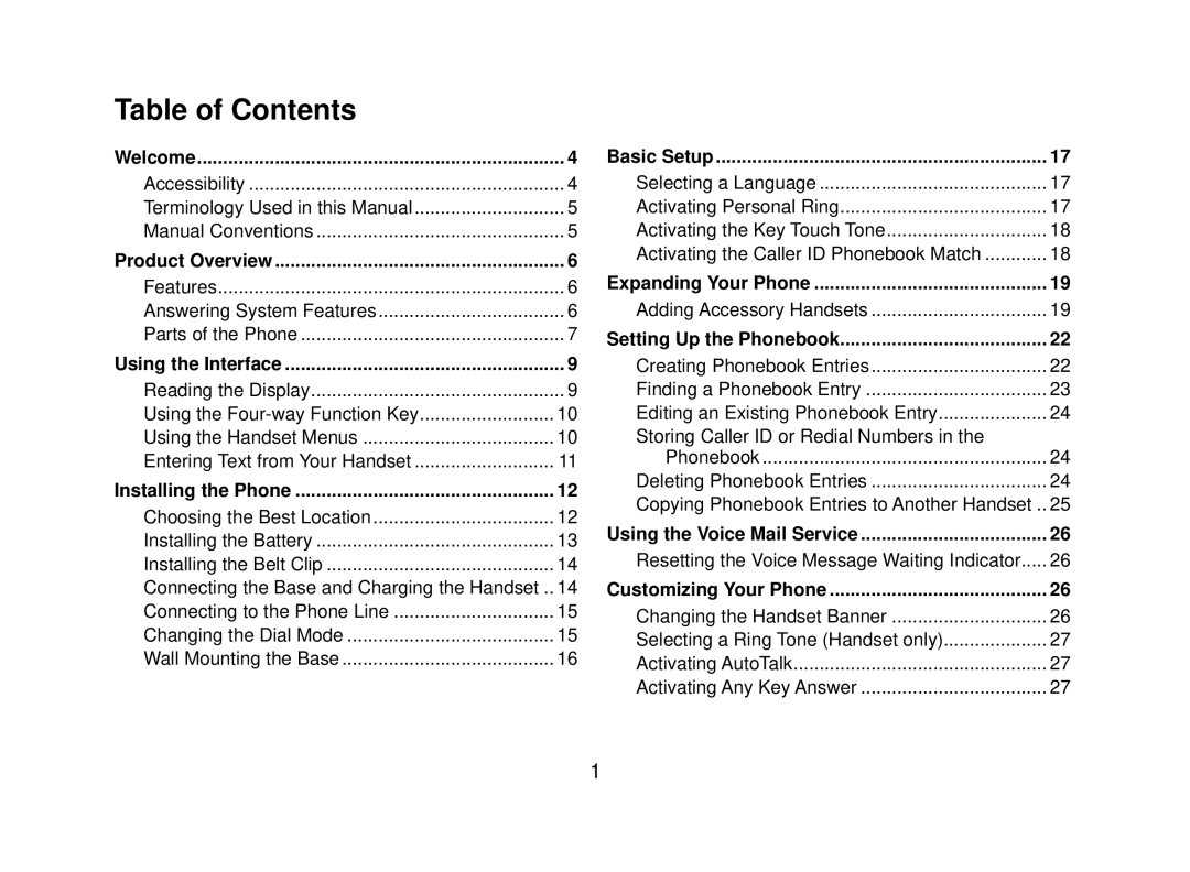 Uniden DECT2080 manual Table of Contents 