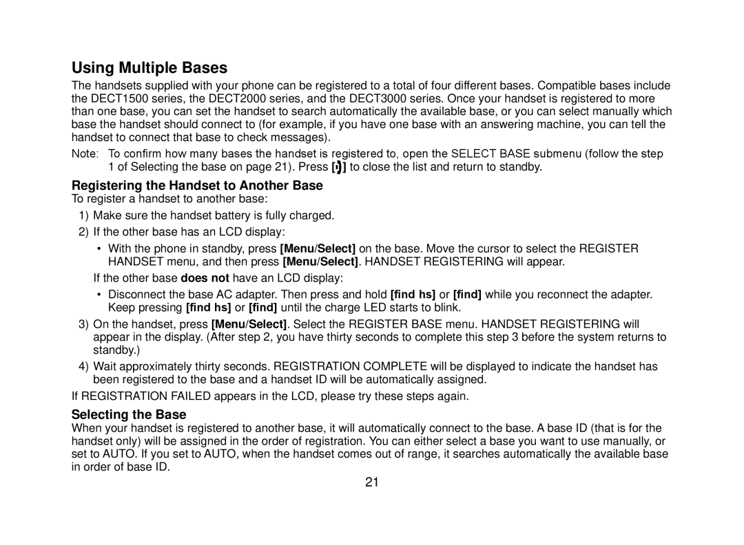 Uniden DECT2080 manual Using Multiple Bases, Registering the Handset to Another Base, Selecting the Base 