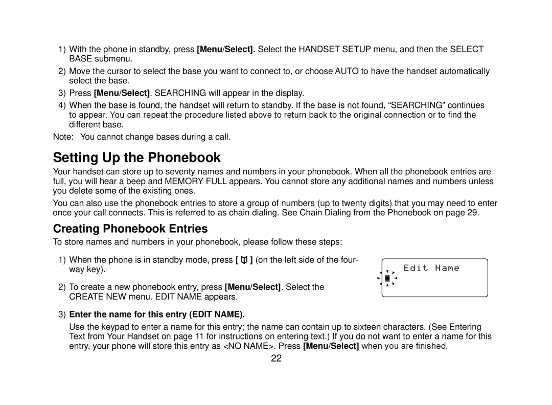 Uniden DECT2080 manual Setting Up the Phonebook, Creating Phonebook Entries, Enter the name for this entry Edit Name 