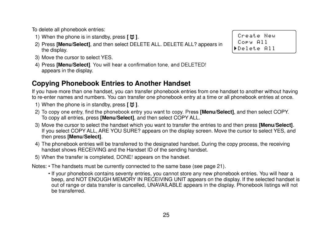 Uniden DECT2080 manual Copying Phonebook Entries to Another Handset 