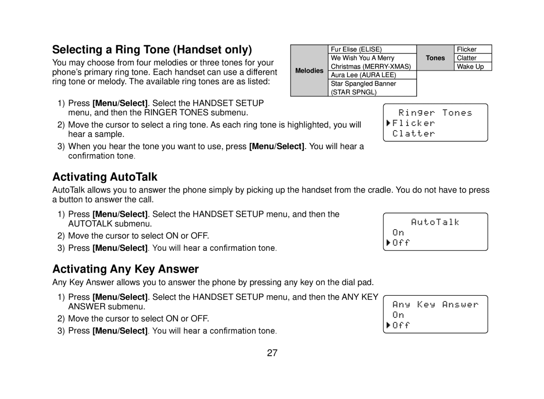 Uniden DECT2080 manual Selecting a Ring Tone Handset only, Activating AutoTalk, Activating Any Key Answer 