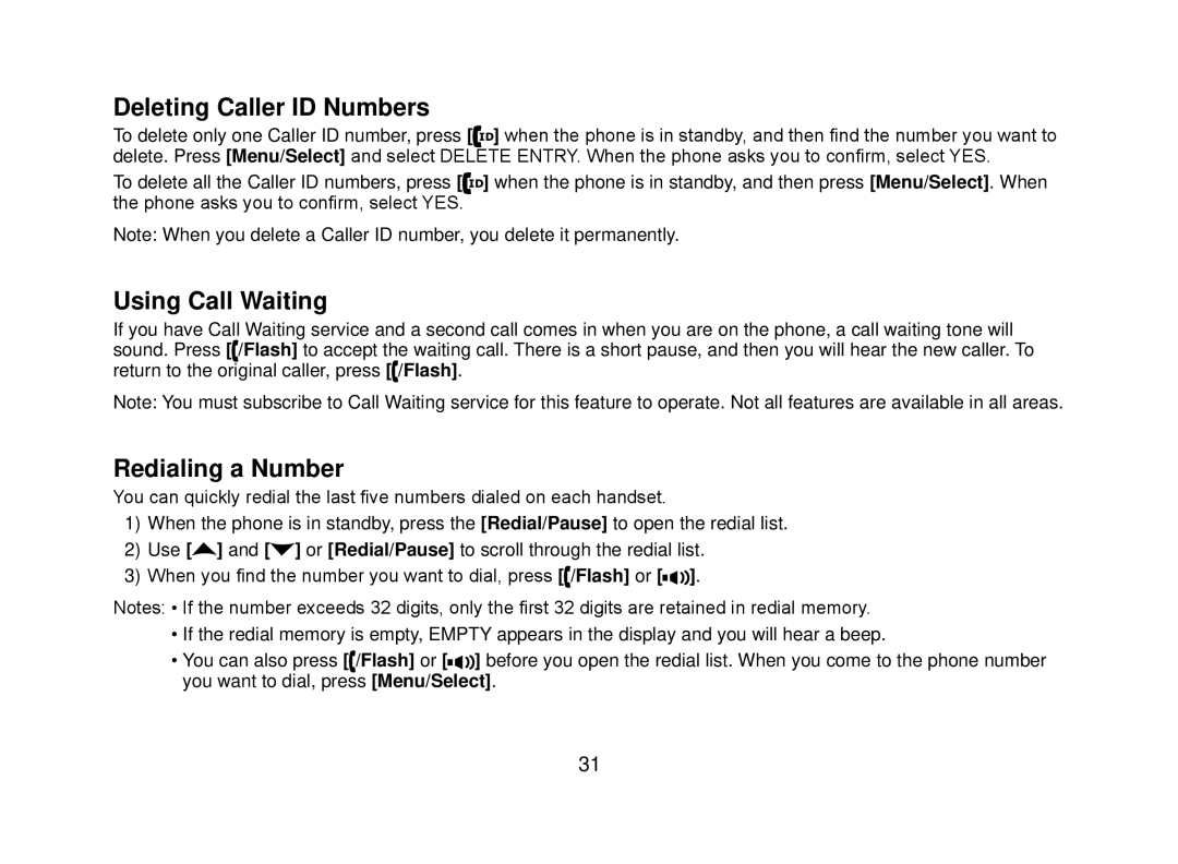 Uniden DECT2080 manual Deleting Caller ID Numbers, Using Call Waiting, Redialing a Number 