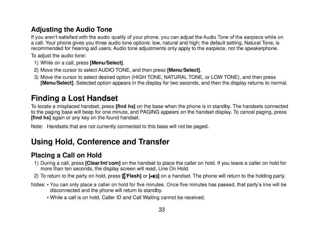 Uniden DECT2080 manual Finding a Lost Handset, Using Hold, Conference and Transfer, Adjusting the Audio Tone 