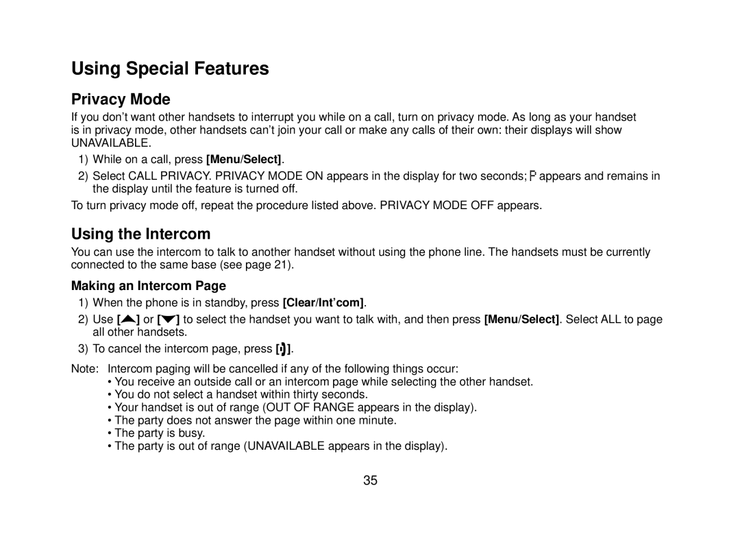 Uniden DECT2080 manual Using Special Features, Privacy Mode, Using the Intercom, Making an Intercom 