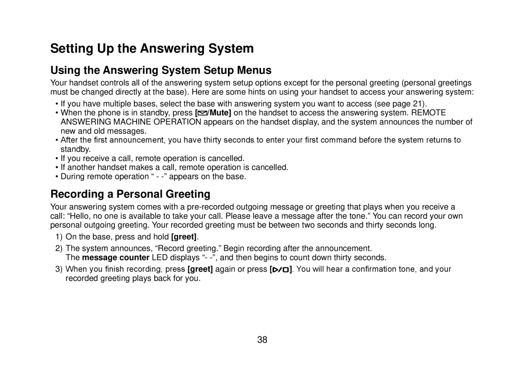 Uniden DECT2080 Setting Up the Answering System, Using the Answering System Setup Menus, Recording a Personal Greeting 