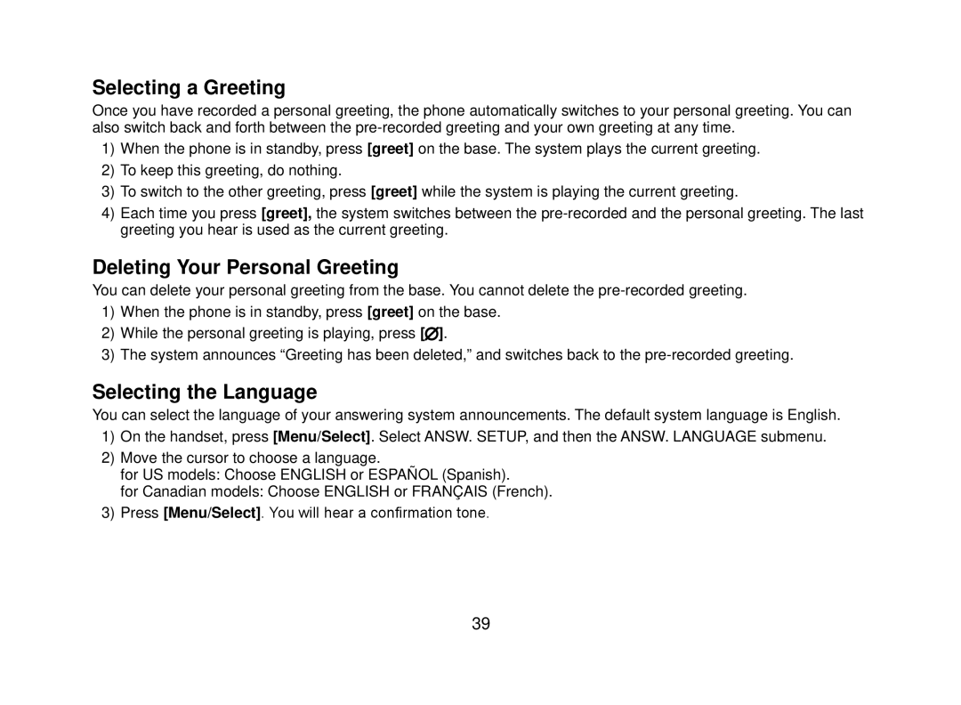 Uniden DECT2080 manual Selecting a Greeting, Deleting Your Personal Greeting, Selecting the Language 