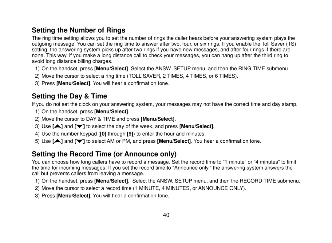 Uniden DECT2080 manual Setting the Number of Rings, Setting the Day & Time, Setting the Record Time or Announce only 