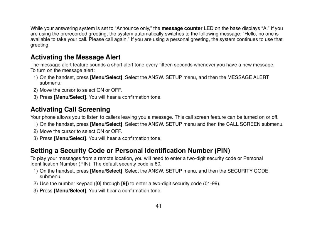 Uniden DECT2080 manual Activating the Message Alert, Activating Call Screening 