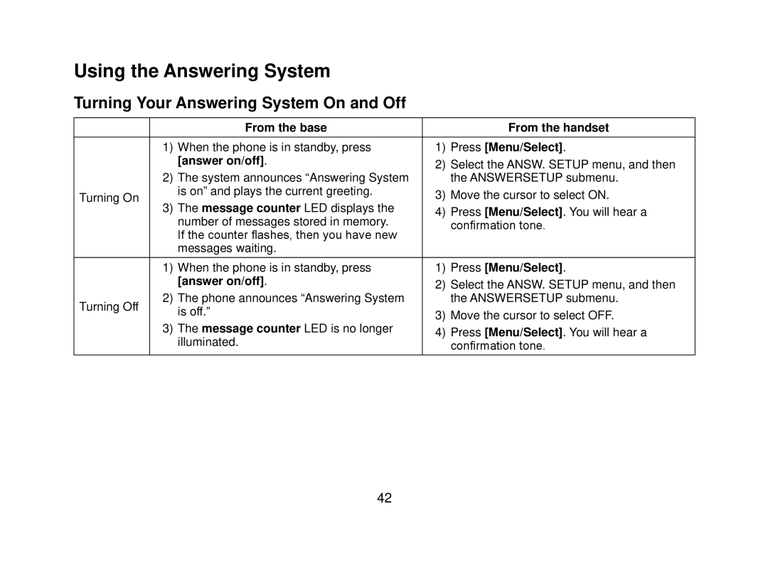 Uniden DECT2080 manual Using the Answering System, Turning Your Answering System On and Off, From the base From the handset 