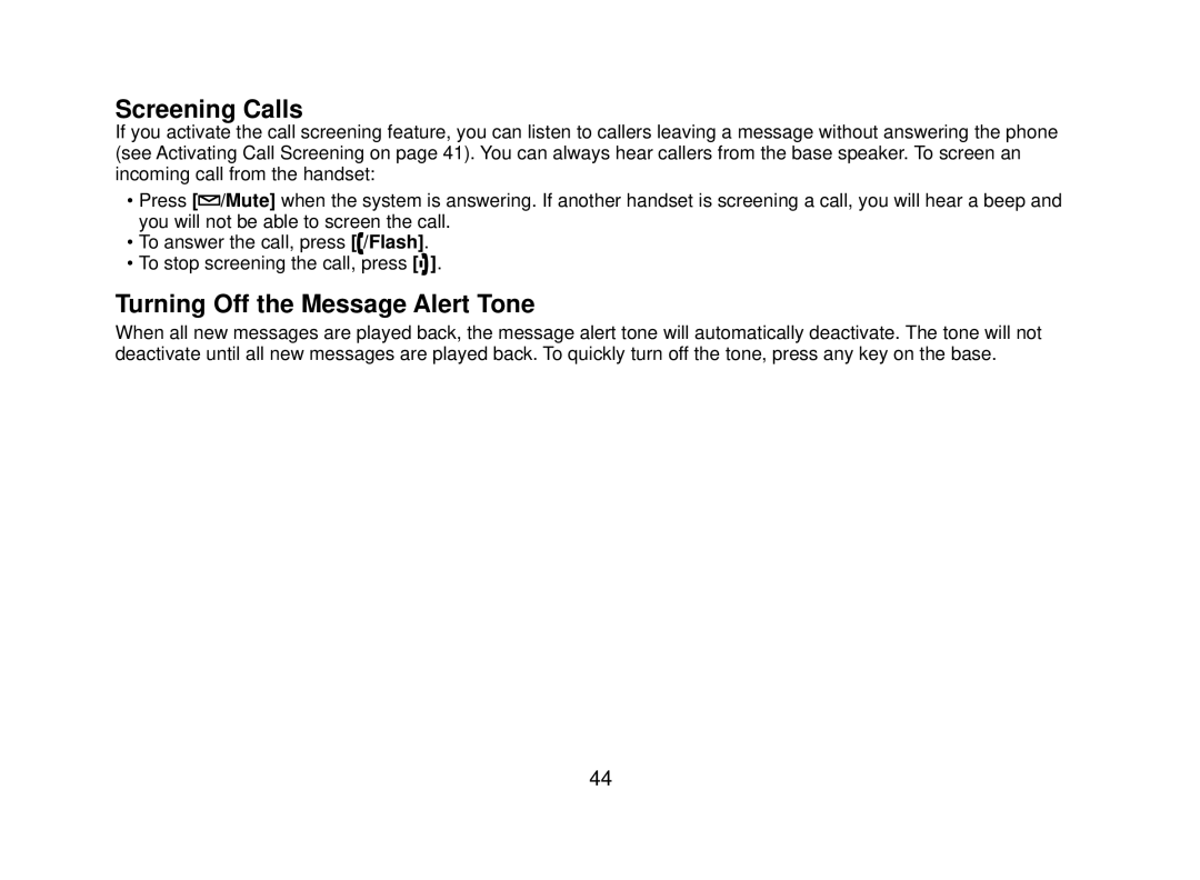 Uniden DECT2080 manual Screening Calls, Turning Off the Message Alert Tone 