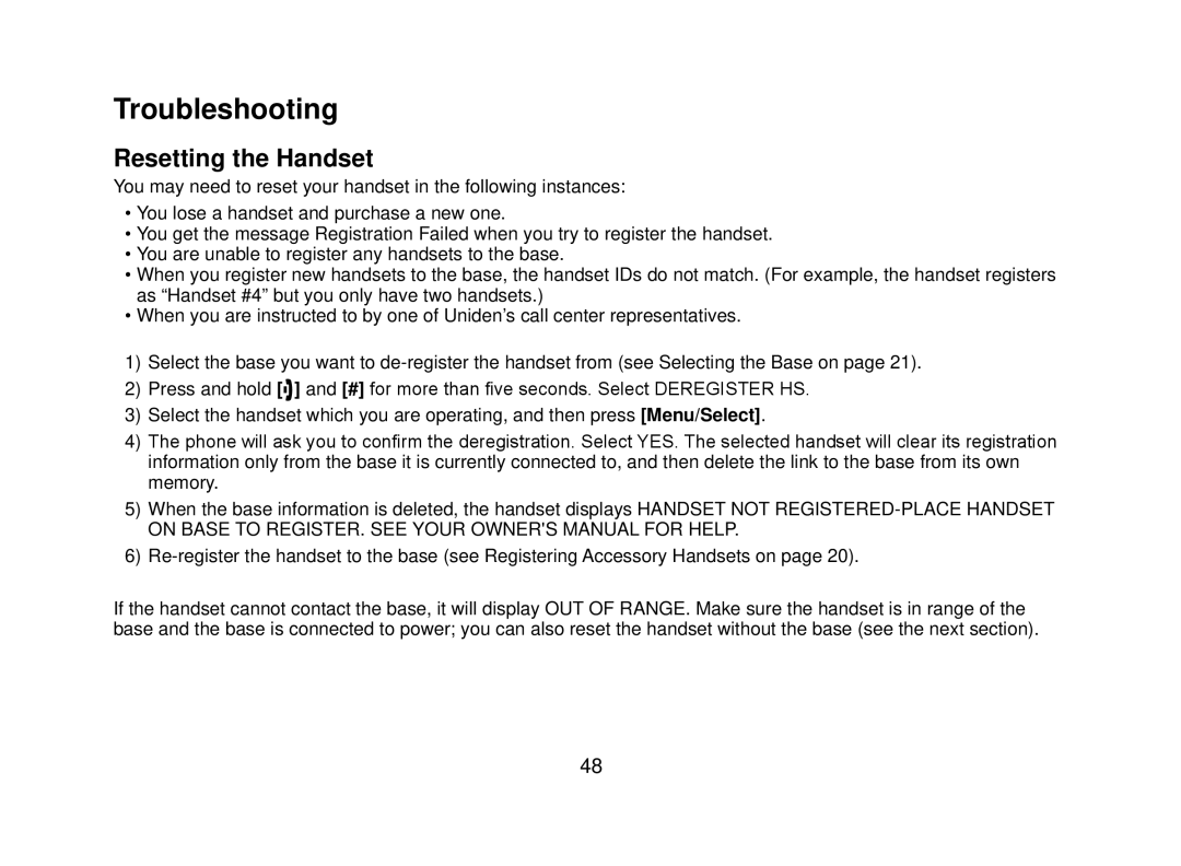 Uniden DECT2080 manual Troubleshooting, Resetting the Handset 