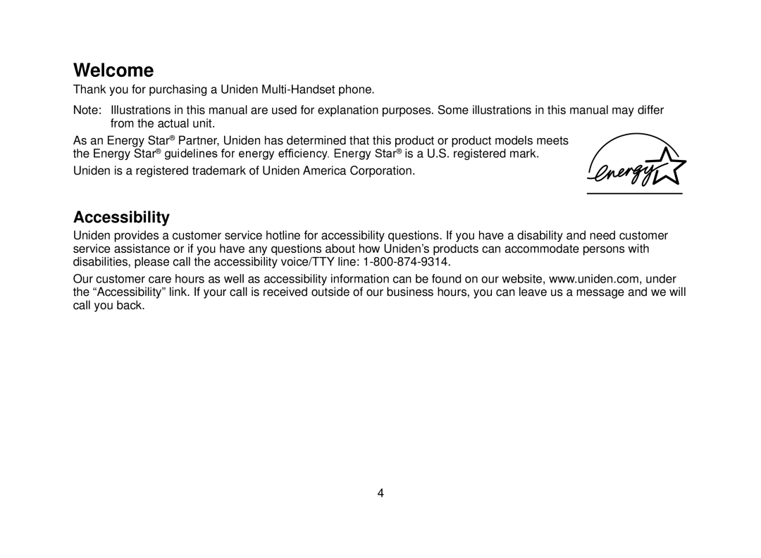 Uniden DECT2080 manual Welcome, Accessibility 