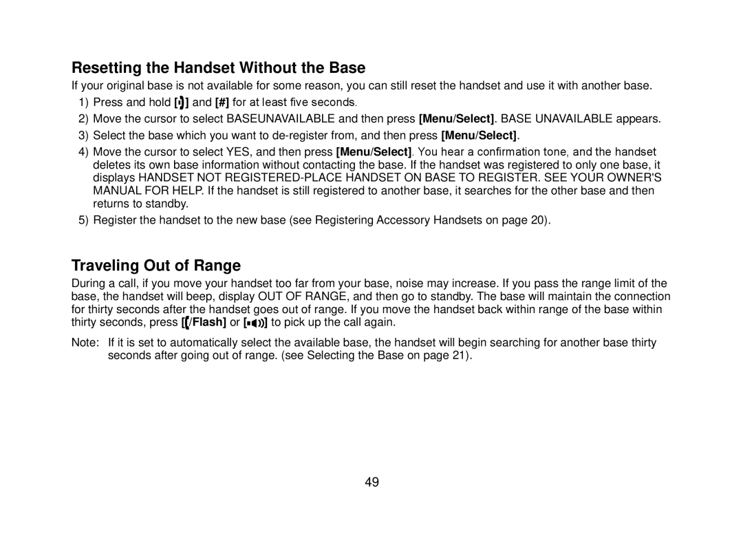 Uniden DECT2080 manual Resetting the Handset Without the Base, Traveling Out of Range 