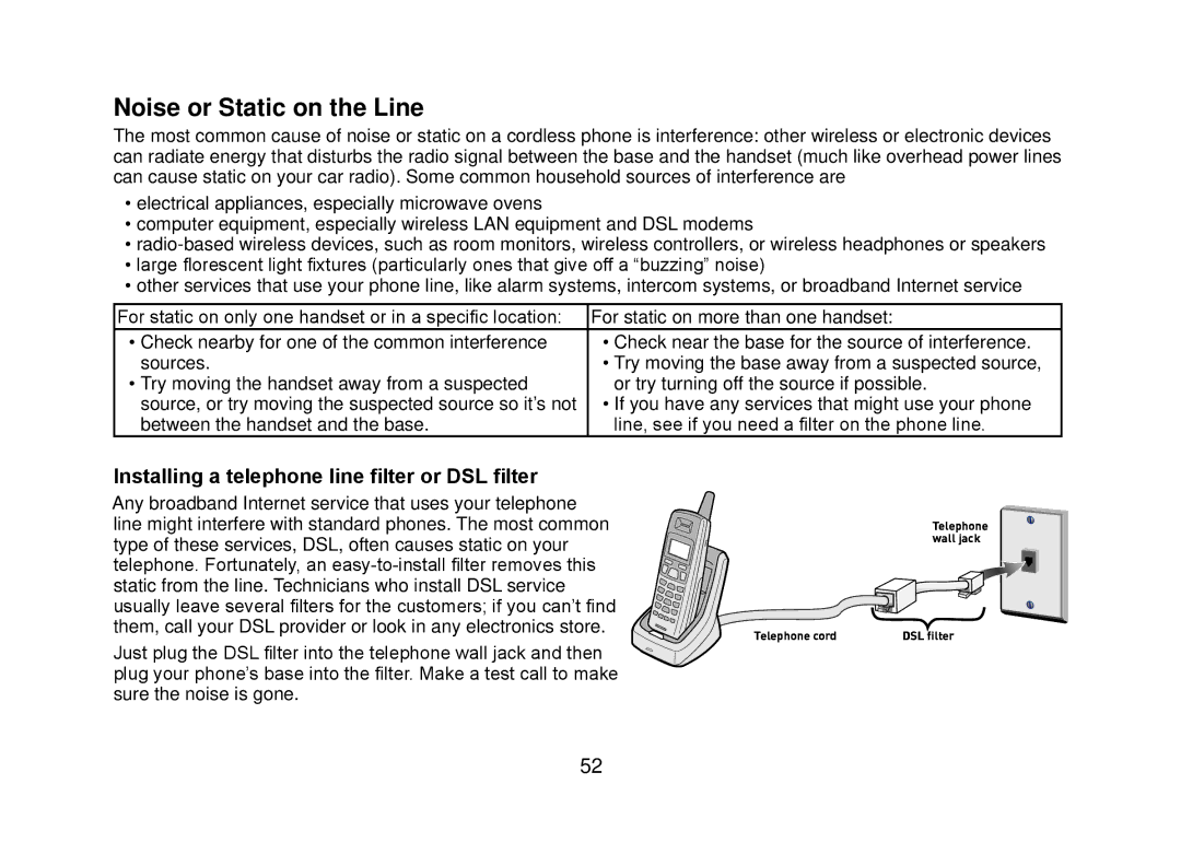 Uniden DECT2080 manual Noise or Static on the Line, Installing a telephone line filter or DSL filter 