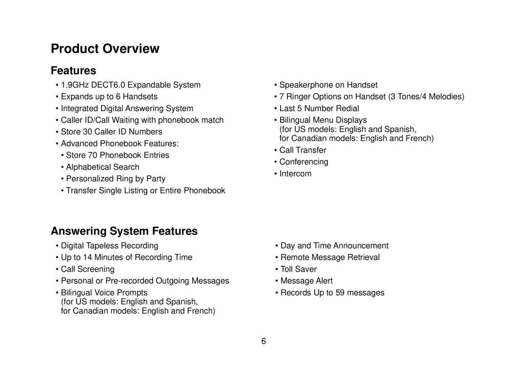 Uniden DECT2080 manual Product Overview, Answering System Features 