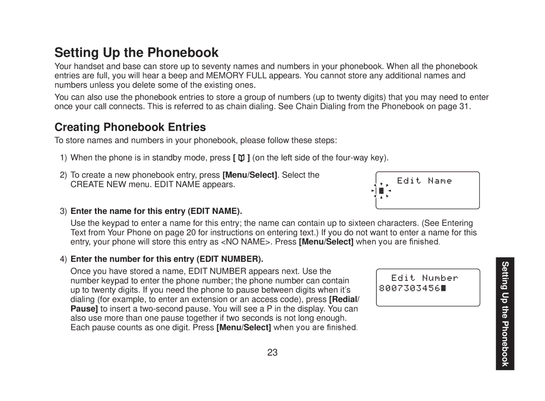 Uniden DECT2085-4WX manual Setting Up the Phonebook, Creating Phonebook Entries, Enter the name for this entry Edit Name 