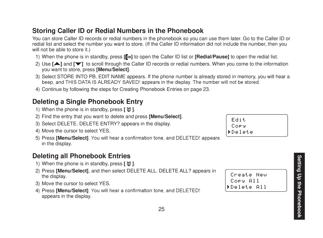 Uniden DECT2085-4WX manual Storing Caller ID or Redial Numbers in the Phonebook, Deleting a Single Phonebook Entry 