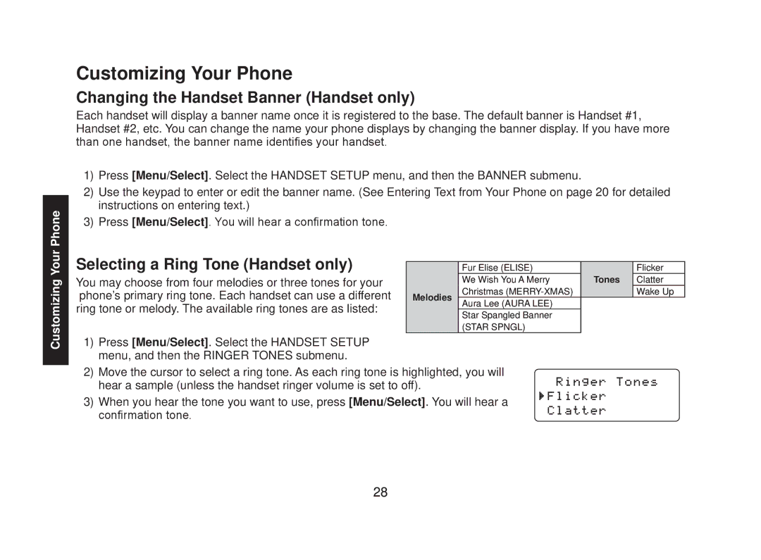 Uniden DECT2085-4WX Customizing Your Phone, Changing the Handset Banner Handset only, Selecting a Ring Tone Handset only 