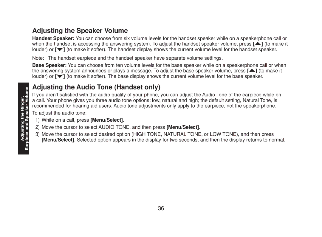 Uniden DECT2085-4WX manual Adjusting the Speaker Volume, Adjusting the Audio Tone Handset only 