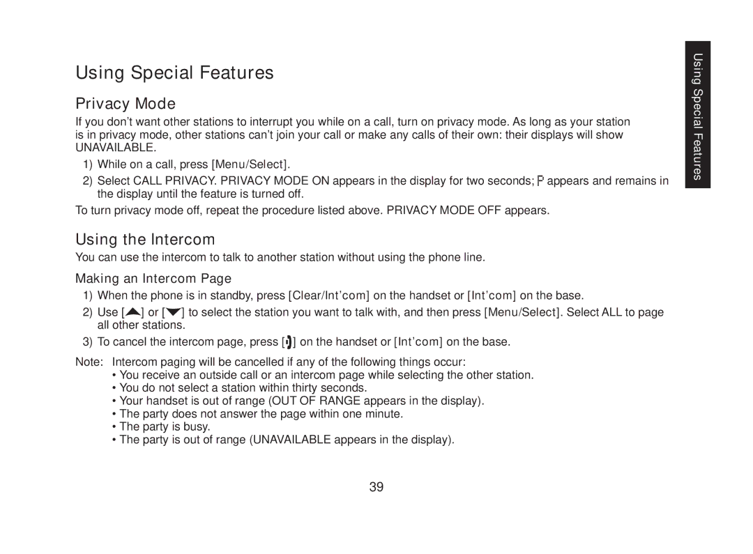Uniden DECT2085-4WX manual Using Special Features, Privacy Mode, Using the Intercom, Making an Intercom 