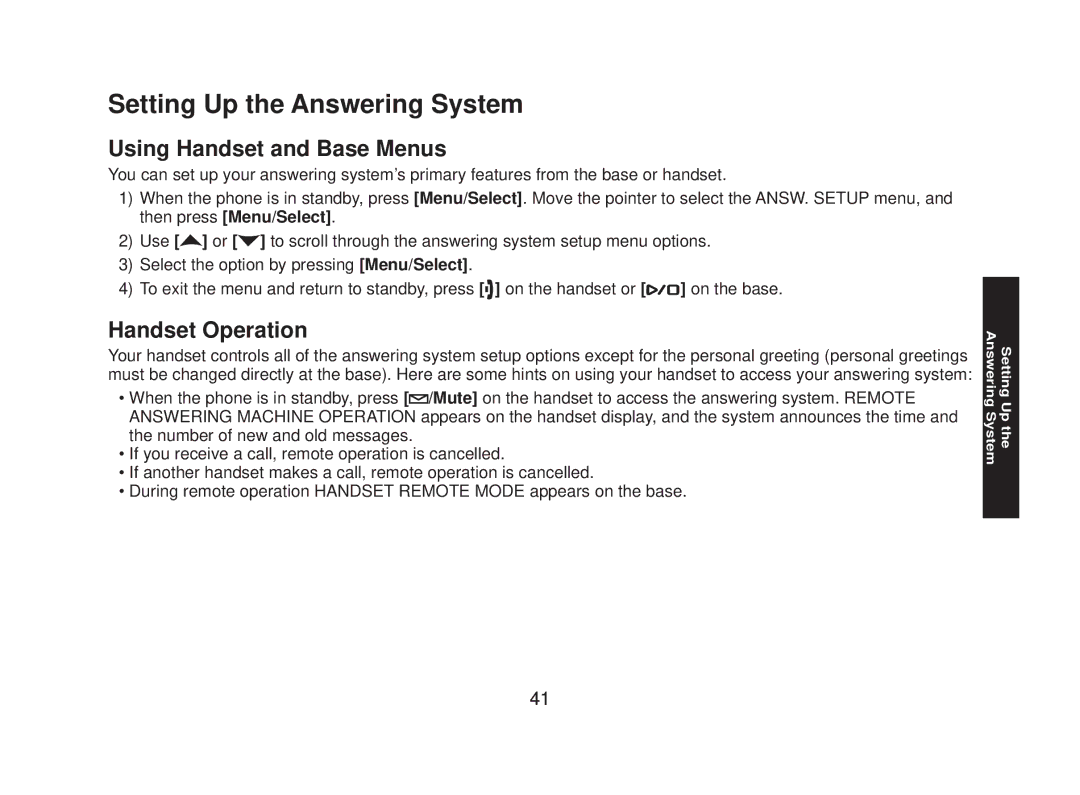 Uniden DECT2085-4WX manual Setting Up the Answering System, Using Handset and Base Menus, Handset Operation 