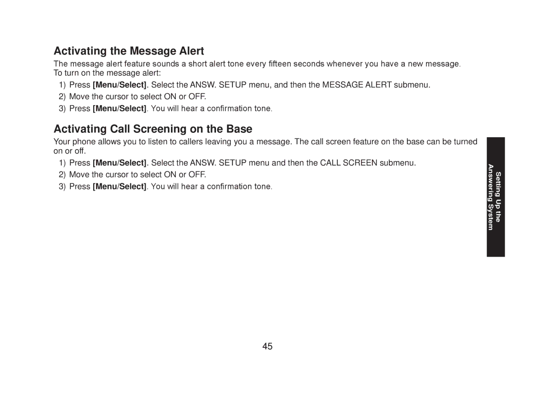 Uniden DECT2085-4WX manual Activating the Message Alert, Activating Call Screening on the Base 