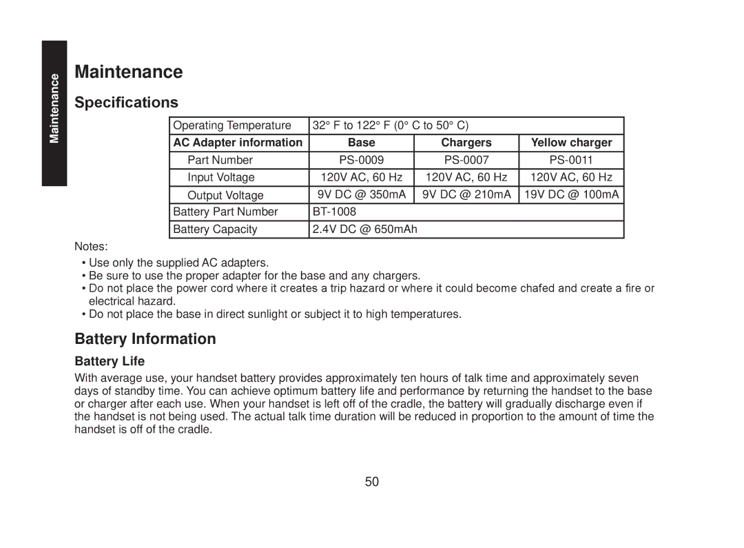 Uniden DECT2085-4WX manual Maintenance, Specifications, Battery Information, Battery Life 