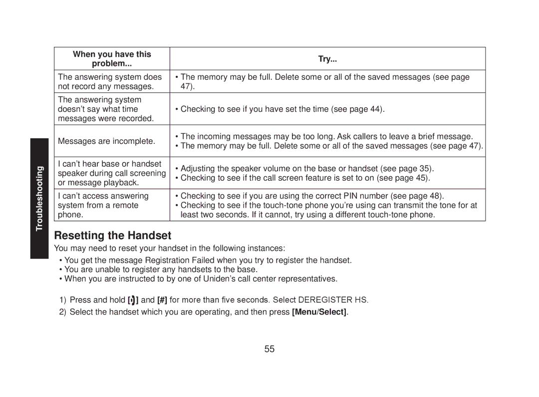 Uniden DECT2085-4WX manual Resetting the Handset, Troubleshooting 