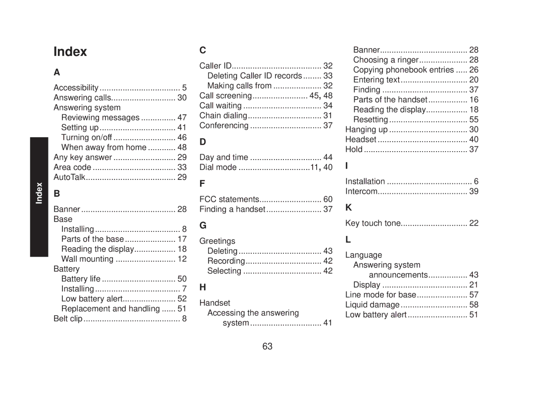 Uniden DECT2085-4WX manual Index 