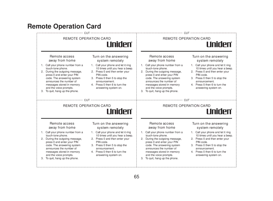 Uniden DECT2085-4WX manual Remote Operation Card, Remote access away from home 